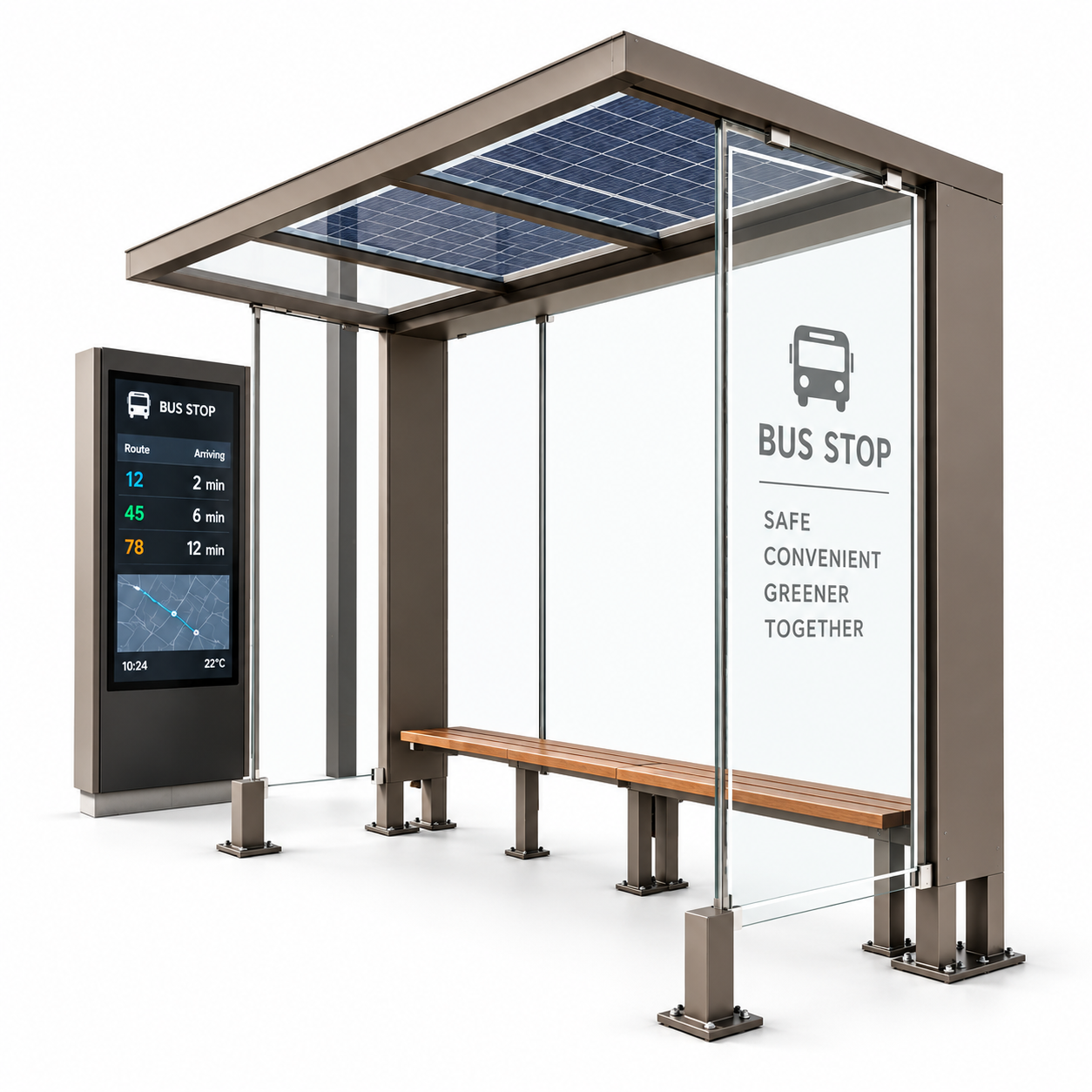 Outdoor Smart Bus Shelter With LED Advertising Screen Bus Forecast Station System Wireless Charging Customizable weatherproof E-ink display Featured Image