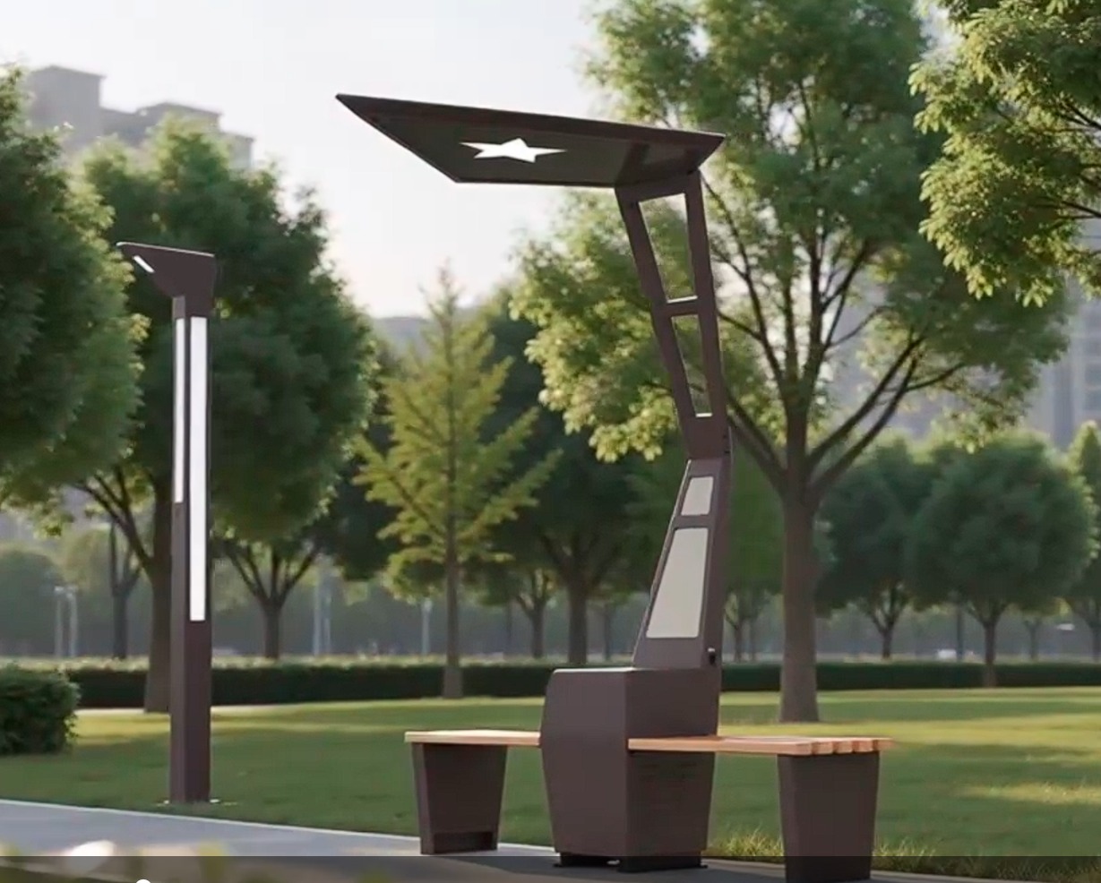 Modern Design Custom Intelligent Solar Smart Bench Aluminium Alloy Features with Sustainable Solar Power Technology and Roof Featured Image