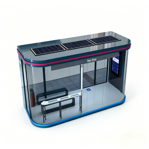 Outdoor Steel Solar Smart Bus Shelter Air Condition Type With LCD Screen Advertising Light Box Seating and USB Charger