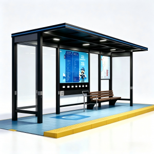 Outdoor Smart Bus Stop Shelter with LED Light Strip, Wooden Seats, Advertising Light Box, and Poster Frame | Durable Galvanized Steel & Tempered Glass Bus Shelter for Public Transit
